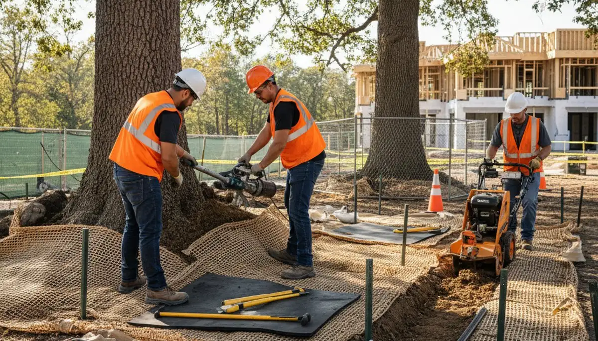 Tree service crew protecting roots in Fort Lauderdale, FL during root protection work