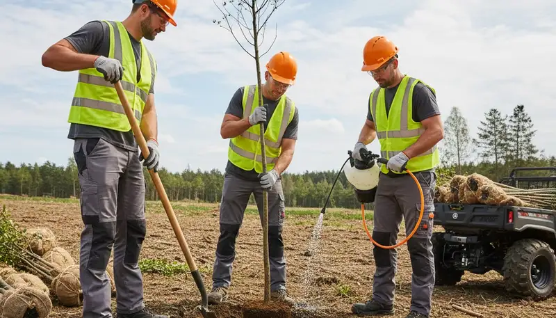 Arborist planting a young tree in Fort Lauderdale, FL for a local tree service project