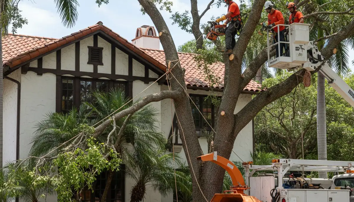 Tree service crew trimming a palm tree in Fort Lauderdale, FL