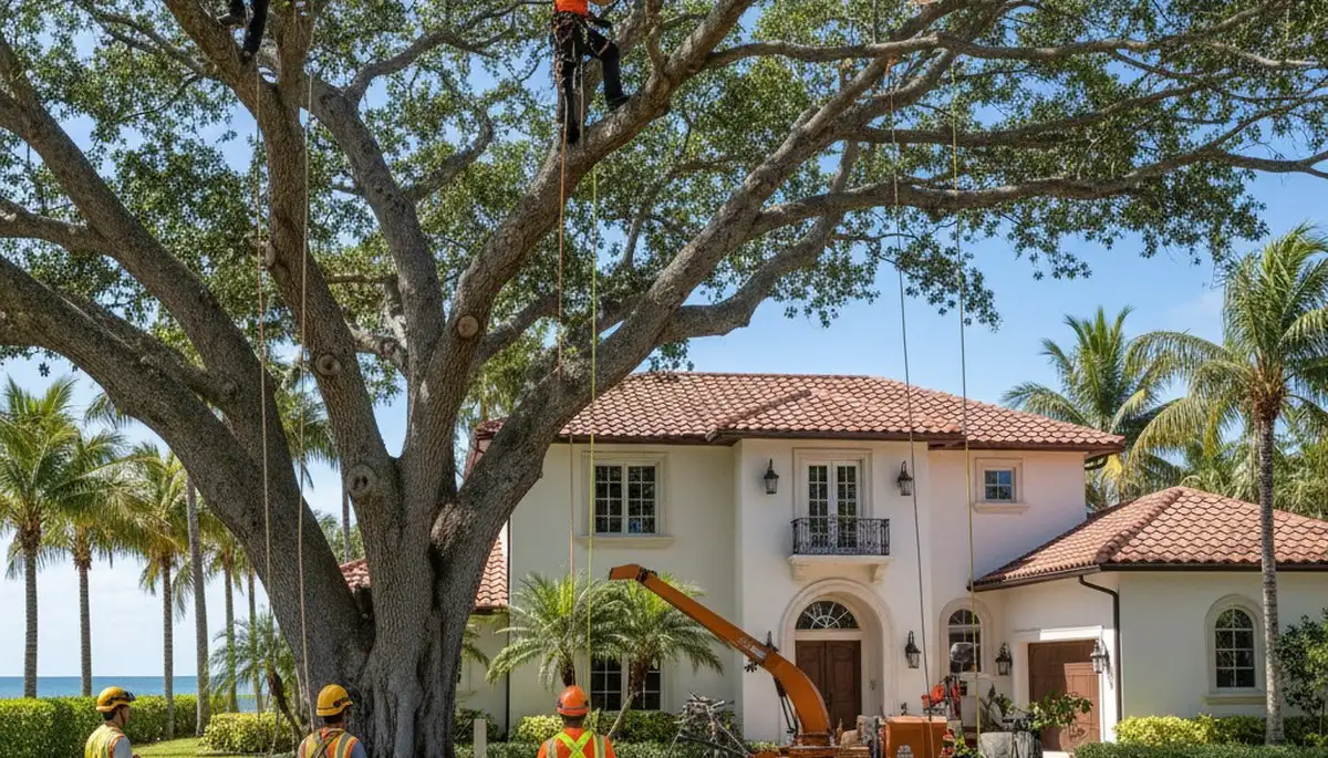 Tree service crew in Fort Lauderdale, FL removing a tree for safe residential property protection