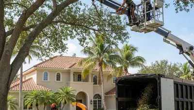 Tree service crew in Fort Lauderdale, FL trimming a tree near a residential property