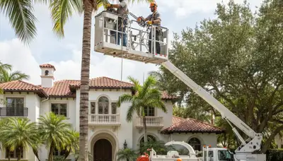 Tree service crew in Fort Lauderdale, FL removing a tree near a home